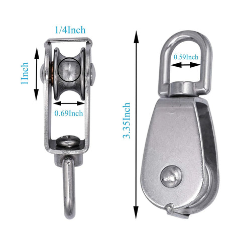 2pcs Stainless Steel M25 Lifting Crane Single Wheel Swivel Snatch Pulley Block 1/4" Rope x 1" Sheave Pulley Roller, 330 lbs Load