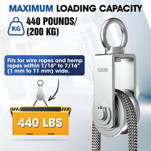 ✝️ U Type Swivel Pulley Block, 304 Stainless Steel Pulleys, 440 lbs capacity, wire rope compatible for lifting and rigging