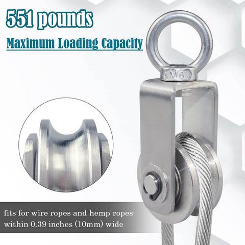 Stainless steel cable pulley wheel for lifting and rigging systems, 551 pounds capacity, fits ropes up to 10mm, close-up view