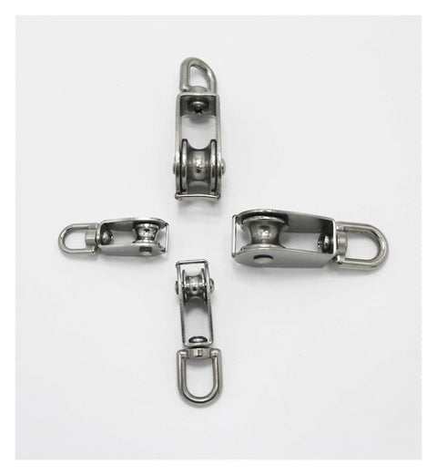 Four Single Swivel Lifting 0.3" Rope Pulley Roller Block Sheave 0.03 Ton(M20 Double) made of stainless steel on white background.