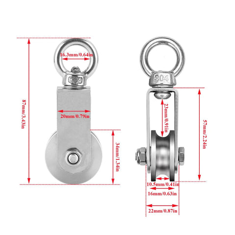 Front and side view of Pulley Wheel U Swivel Roller Stainless Steel Cable Pulley Block 360 Degree Rotating Rope Wheel with dimensions
