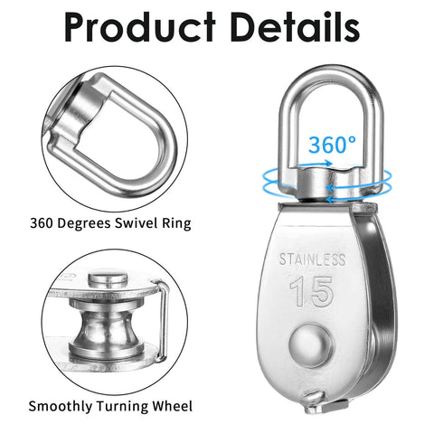 Detailed view of 12 Pack M15 Pulleys for Rope, 304 Stainless Steel Wire Rope Cable Pulley showing 360-degree swivel and smooth wheel.