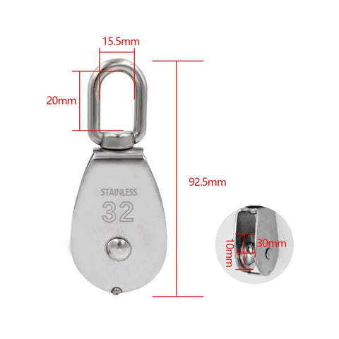 Front view of Stainless Steel Pulley M32 Single Wheel Swivel Lifting Rope Pulley Set showing dimensions and side detail.