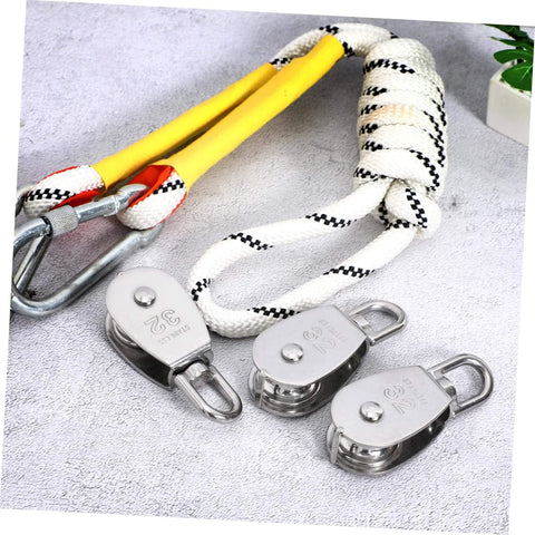3pcs Heavy Duty Stainless Pulley Swivel Lifting Wire Rope Crane for Construction DIY Projects shown with ropes and carabiner