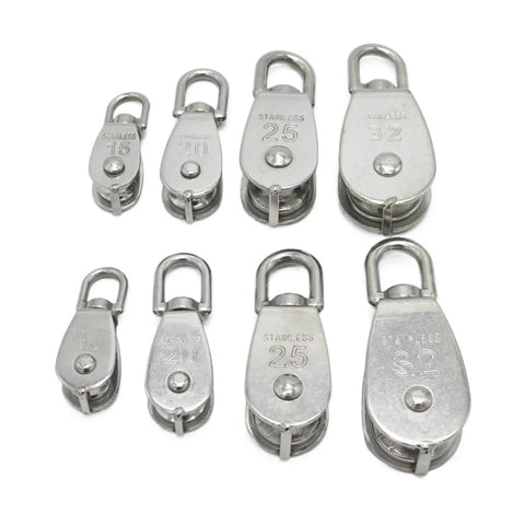 Single Swivel Lifting 0.3" Rope Pulley Roller Block Sheave 0.03 Ton(M20 Double) with varying sizes in stainless steel.