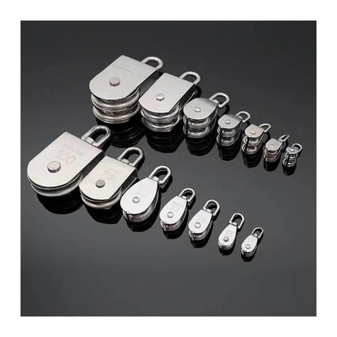Assortment of stainless steel pulleys with various sizes, featuring the Stainless Steel Pulley M20Single Wheel Swivel Lifting Rope Pulley Set Lifting Wheel Tools(M20).