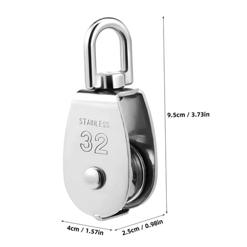 Front view of 304 Stainless Steel Single Block Pulley 3 Pack Heavy Duty Swivel Pulley for Lifting Rope Pulling and DIY Projects