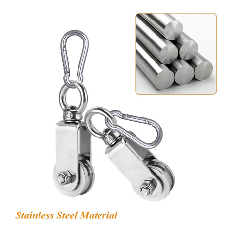 Pulley Wheel U Swivel Roller Stainless Steel Cable Pulley Block 360 Degree Rotating Rope Wheel with Carabiner for lifting and clothesline, 2 pcs.