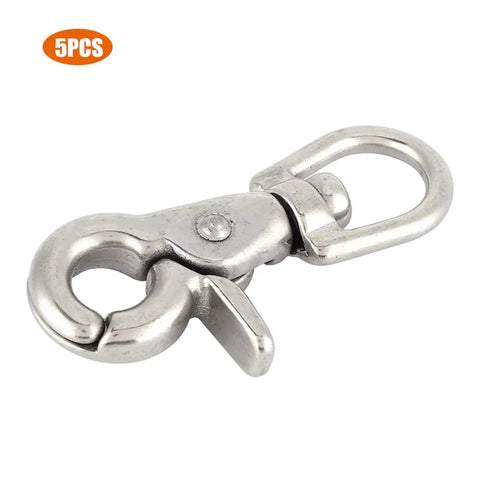 Five-piece stainless steel trigger swivel snap hooks with polished finish, marine-grade, 65mm length.