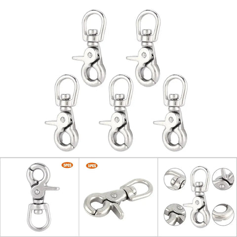 Five stainless steel trigger swivel snap hooks, 65mm long, polished finish, marine-grade, shown from multiple angles