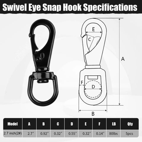 Diagram of Stainless Steel Swivel Eye Snap Hook 2.7 Inch Heavy Duty Clips 5 Pack with dimensions and specifications.