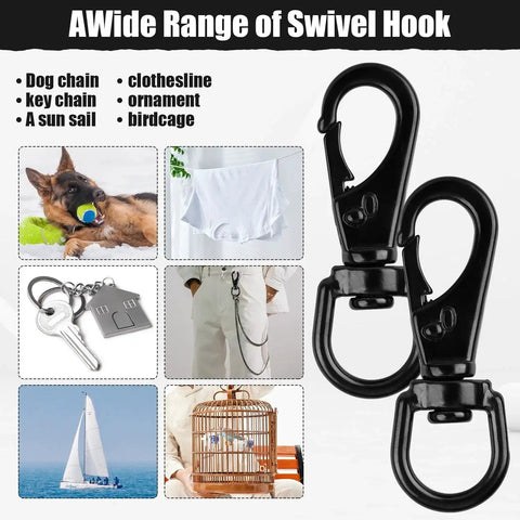 Stainless Steel Swivel Eye Snap Hook 2.7 Inch Heavy Duty Clips 5 Pack for Flagpole Rope Bird Feeders Pet Chains Dog Tie Out Cable and Keychains Anti Tangle 360 Degree Rotation displayed with various uses including pet chain and keychain.