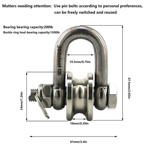 Front view of Long Unbuckled U Shaped Swivelling Pulley Stainless Steel Duplex Bearing Silver Pulley Roller Track Fixed Pulley Suitable for Small Cranes and Salvage Systems and Pulley Model with measurements and load capacities.