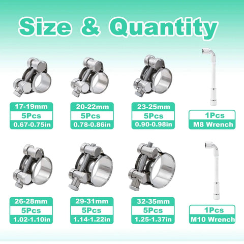 Stainless Steel T Bolt Hose Clamp Kit 32 Piece Set With Six Size Ranges 17 To 19mm 20 To 22mm 23 To 25mm 26 To 28mm 29 To 31mm 32 To 35mm Heavy Duty Adjustable Tube Clamps With M8 And M10 Socket Wrenches. Display of clamps and wrenches.