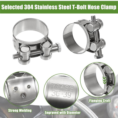 Stainless Steel T Bolt Hose Clamps Set Of 14 In Seven Sizes Ranging From 17 To 39 Mm Heavy Duty Turbo Intake Intercooler Pipe And Radiator Hose Clamps For Automotive Farm And Garden Machinery showing detailed metal and engraving features.