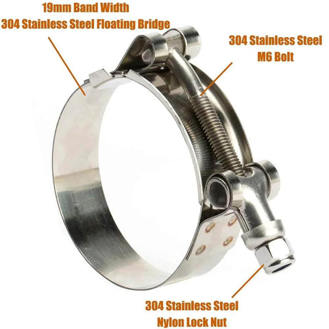 4 Pack 1.25 Inch 304 Stainless Steel T Bolt Hose Clamps Set 41 To 46mm Clamp Range For 1.25 Inch Hose ID Leak Proof Industrial Automotive Applications Heavy Duty Clamp Kit For Durable Industrial And Automotive Use showing side view