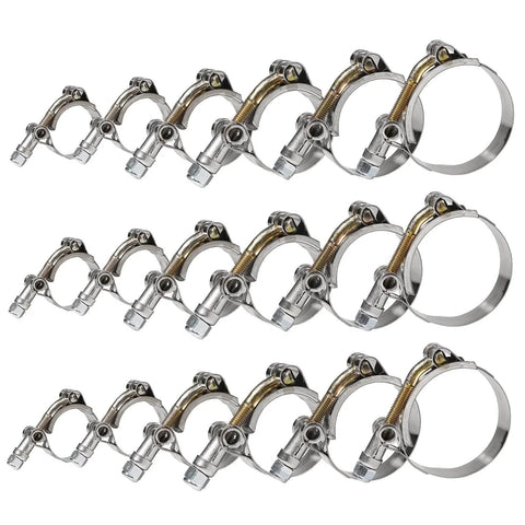 18 Pcs T Bolt Hose Clamp Kit Stainless Steel 304 Heavy Duty Clamps For Radiator Turbo Intercooler Hoses Includes Six Sizes From Three Quarter Inch To Two Inch Working Range Twenty Eight To Sixty Four Millimeter Hose ID, front view of clamps in various sizes
