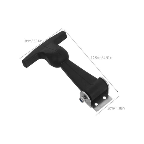 Black T-handle draw latch with metal mounting plate for toolboxes and equipment.