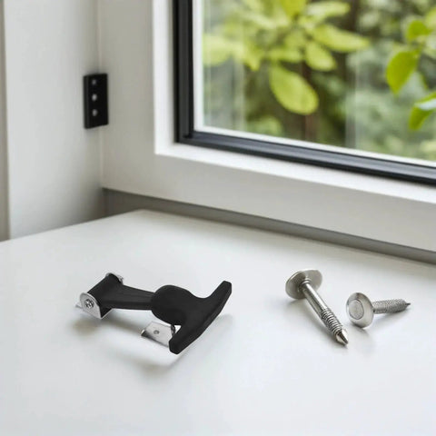 Top-down view of a black T-handle draw latch with metal mounting bracket and two screws on a white table.