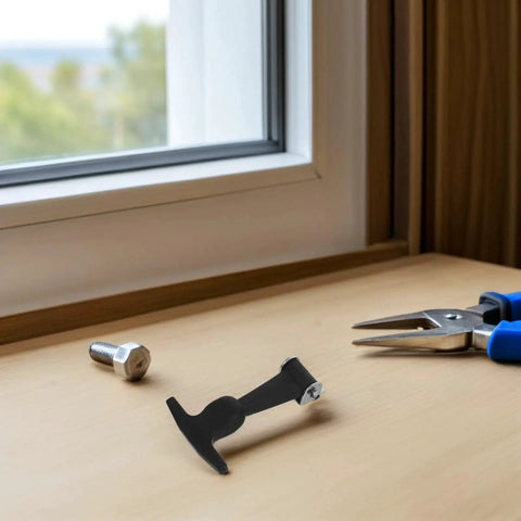 Front view: two-piece adjustable T-handle draw latch set; black plastic latch with metal end and hex bolt