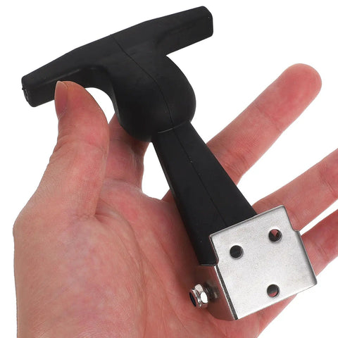 2-piece black T-handle draw latch with silver mounting plate, close-up view