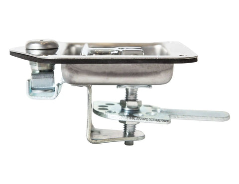 Side view of locking single point latch with gasket for truck tool boxes, trailer doors, RVs and campers; corrosion-resistant stainless steel.