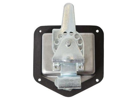 Front view of locking single point latch with gasket for truck tool boxes, trailer doors, RVs and campers; corrosion-resistant stainless steel.