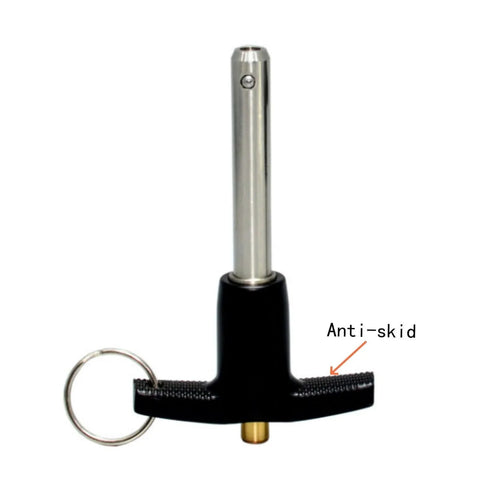 Stainless Steel 304 Push-Button Quick Release Pin T Handle Lock Pin, Pin Dia 3/8IN, Usage Length 65MM, with Lanyard Cable, front view.
