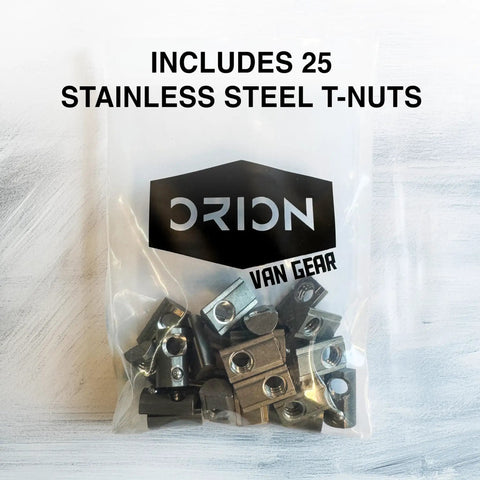 Bag of 25 stainless steel T-nuts with branding for aluminum extrusion 8020 hardware.