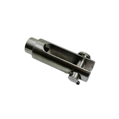 Close-up of Stainless T316 Right Hand Threaded Yoke End Three Eighths Inch, 1200 Lbs capacity, showing side view of metal construction.