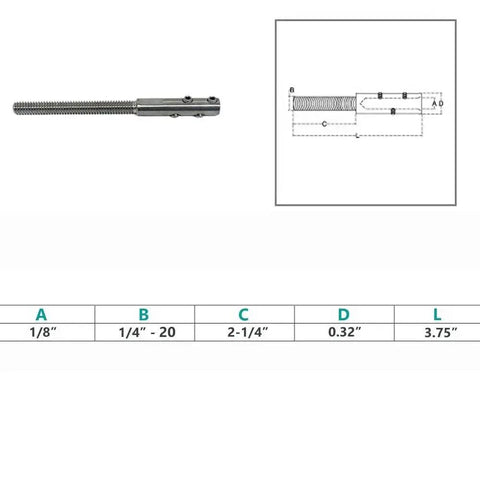 Diagram and specs for Stainless Steel T316 Marine 1/4-20 Set Screw Threaded Stud for 1/8 Inch Cable, displaying dimensions and measurements.