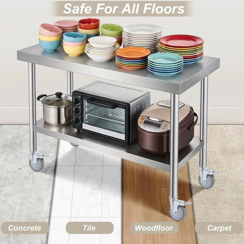 Stainless steel table on four-inch universal adjustable caster wheels set with brakes for tube legs from 7/8 to 1-5/8 inch.