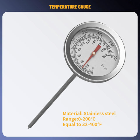 Stainless steel round thermometer gauge with red needle; 0–200°C (32–400°F) scale.