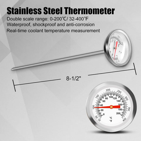 Stainless steel thermometer with long probe and round dial gauge, 0-200°C/32-400°F, metal case