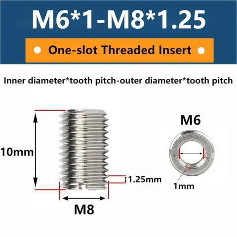 Diagram of 10 Pack Stainless Steel Self Tapping Thread Inserts With Female M6x1.0mm And Male M8x1.25mm Threads, 10mm Long