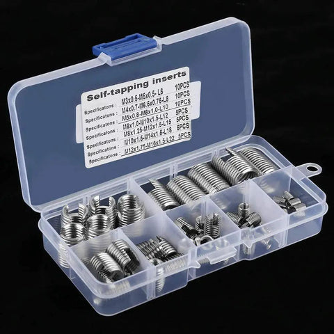 Stainless Steel Inner Thread Self Tapping Thread Inserts Set With Storage Case 50Pcs M3 M4 M5 M6 M8 M10 sizes in plastic case