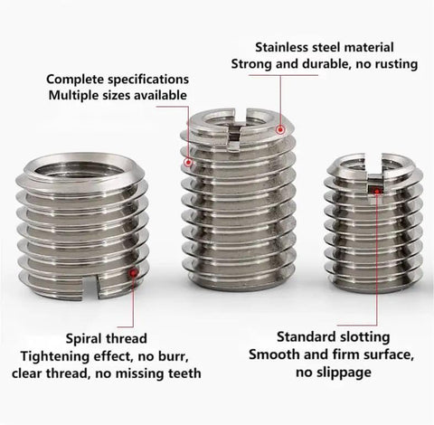 Three stainless steel thread inserts showing sizes and threading, labeled with properties such as durability and spiral thread design.