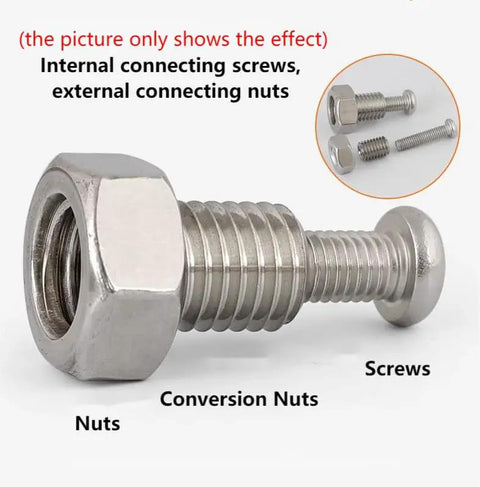 10 Pack Stainless Steel Self Tapping Thread Inserts with Female M6x1.0mm and Male M8x1.25mm Threads, 10mm Long shown with screws and nuts.