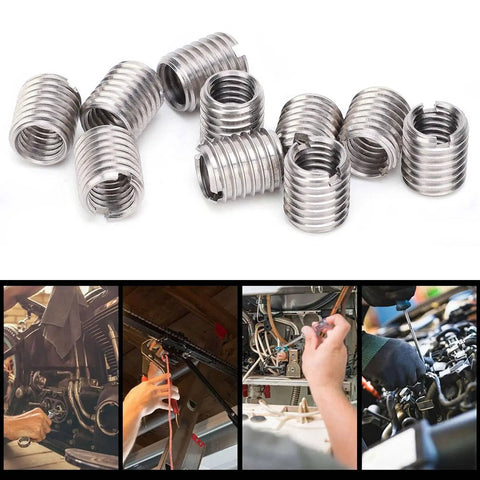 Stainless Steel Thread Repair Sleeve 10 Pack Insertion Nut For Fixing Stripped Threads In Automotive And Mechanical Equipment Converts M8x1.25 Female To M10x1.5 Male Then Restores To M8x1.25, shown in multiple contexts including automotive and mechanical repair.