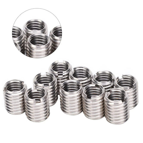 Stainless Steel Thread Repair Sleeve 10 Pack Insertion Nut For Fixing Stripped Threads In Automotive And Mechanical Equipment Converts M8x1.25 Female To M10x1.5 Male Then Restores To M8x1.25, close-up view.