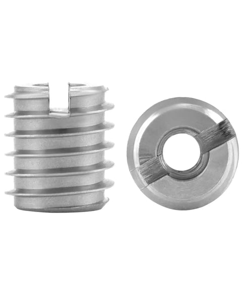 Stainless Steel Threaded Wood Nut Inserts With 10-24 Internal Threads 0.5 Inch Length Pack Of 20, side and top views