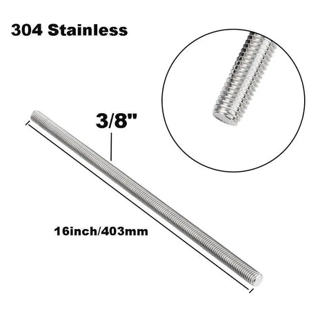 Sixteen Inch Long Three Eighths Inch Diameter Stainless Steel Fully Threaded Rod With Right Hand Threads In Grade 304 Stainless Steel UNC Sixteen Tpi Pack Of Two For Durable Corrosion Resistant Mechanical Fastening And Assembly.