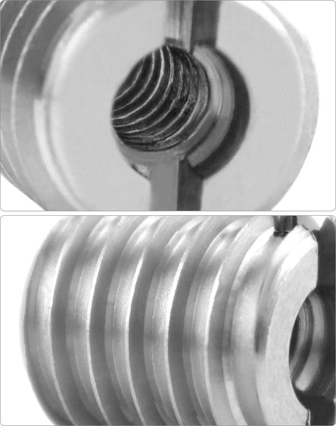 Close-up of stainless steel threaded wood nut inserts, 10-24 internal threads, 0.5 inch length for hardwoods and softwoods installation.