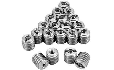 Stainless Steel Threaded Wood Nut Inserts With 10-24 Internal Threads 0.5 Inch Length Pack Of 20 stacked in pyramid shape