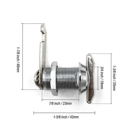 Side view of stainless steel 7/8 inch thumb cam lock with dimensions. Two thumb operated cam locks deliver secure, hassle free access.