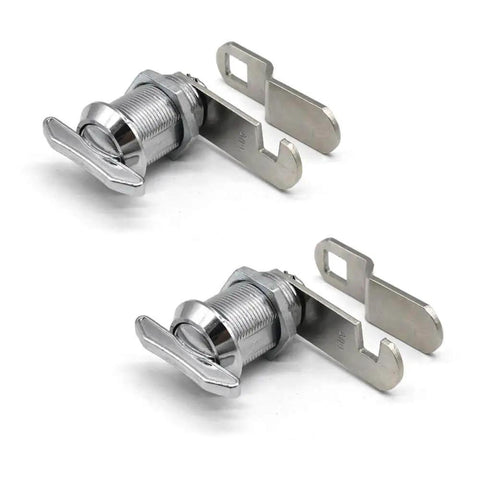 Two thumb operated cam locks deliver secure, hassle free access for RV cabinets, storage drawers, and compartments, stainless steel non locking design, easy metal or wood mounting, quick replacement. Stainless steel 7/8 inch thumb cam locks for RV storage shown in close-up.