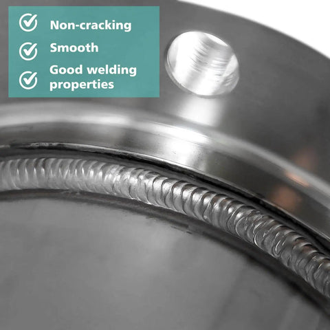 Close-up of Stainless Steel TIG Welding Rod ER308L Filler Wire weld showing smooth finish and described qualities on metal surface.