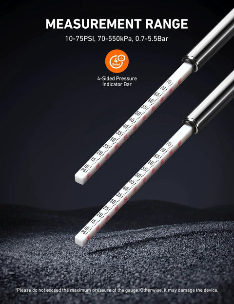 Close-up of 2 Pack Pencil Tire Pressure Gauge, 10 To 75 PSI Range, ANSI B40.1 Grade B ±2% Calibration, Stainless Steel Body With Metal Nozzle.