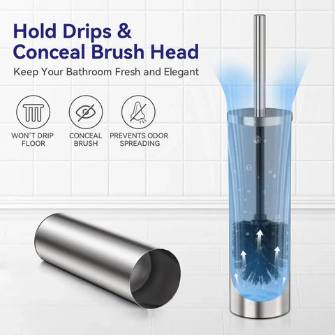 Stainless Steel Freestanding Toilet Brush And Holder With Long Handle For No Fuss Bathroom Storage And Deep Cleaning Nickel Brushed SS304 Durable Toilet Cleaner Set With Dual Brush Heads Included, showing brush placement and anti-drip feature.