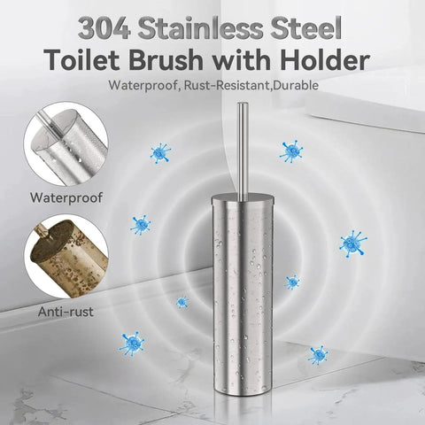 Stainless Steel Freestanding Toilet Brush And Holder With Long Handle For No Fuss Bathroom Storage And Deep Cleaning Nickel Brushed SS304 Durable Toilet Cleaner Set With Dual Brush Heads Included on bathroom floor showcasing rust-resistant features.